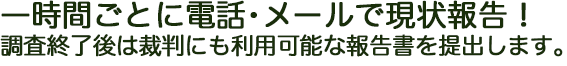 一時間ごとに電話・メールで現状報告！ 調査終了後は裁判にも利用可能な報告書を提出します。